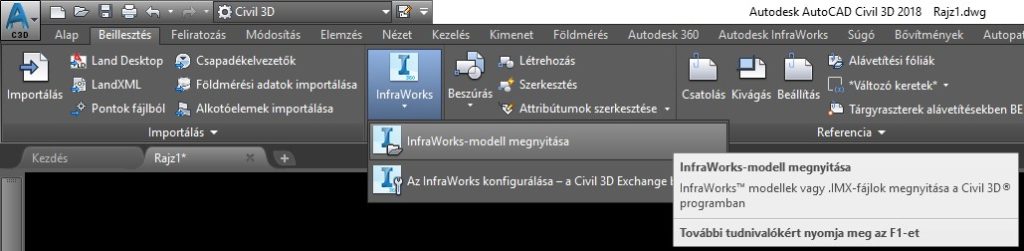 Az Infraworks modell importálása AutoCAD Civil 3D-be.
