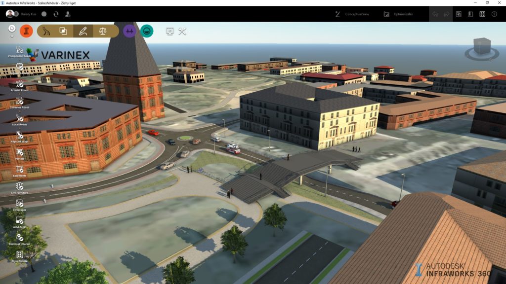 Az Autodesk Infraworks 360 felhasználói felülete és a modell, munka közben.